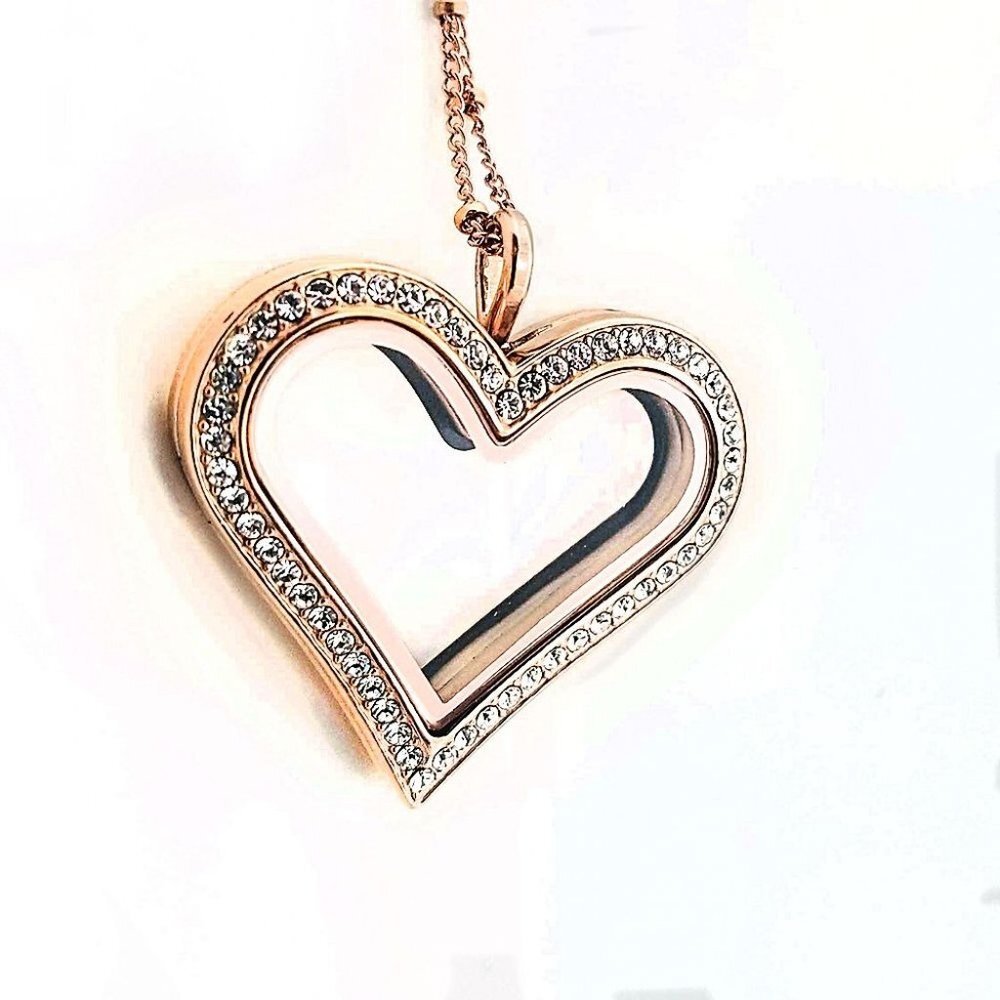 Floating Jewelry Floating Locket Charm Necklace with Rhinestones Rose Gold Heart